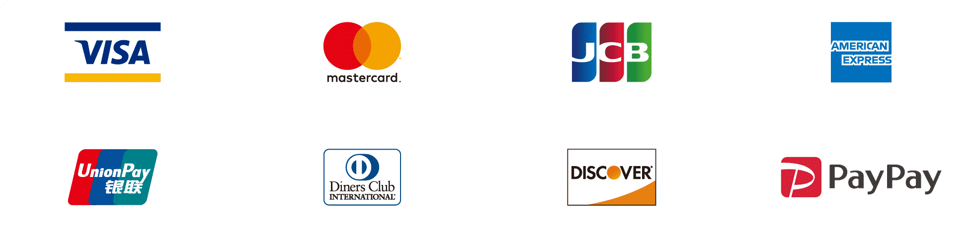 VISA/UnionPay/mastercard/JCB/DISCOVER/AMERICAN EXPRESS/Diners Club/PayPay